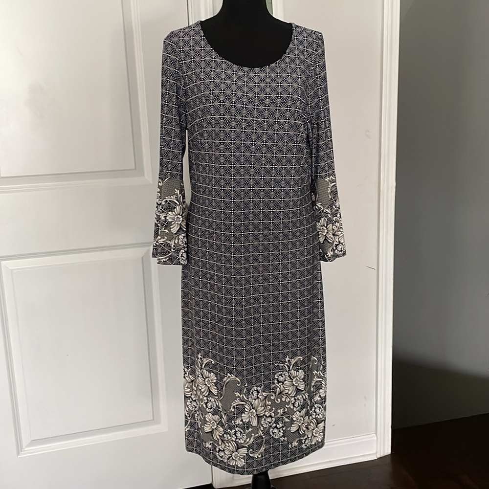 Glamour Dress Women Size 14P Navy Gray White Print Slim Cut Trumpet Sleeves - Picture 2 of 11